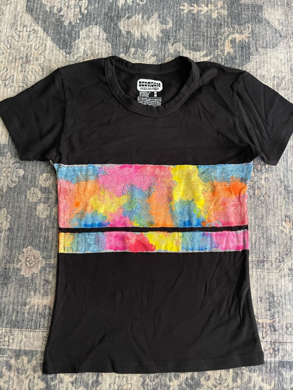 Big Bud Press Black Baby Tee with Rainbow Watercolor Stripe NWOT Small